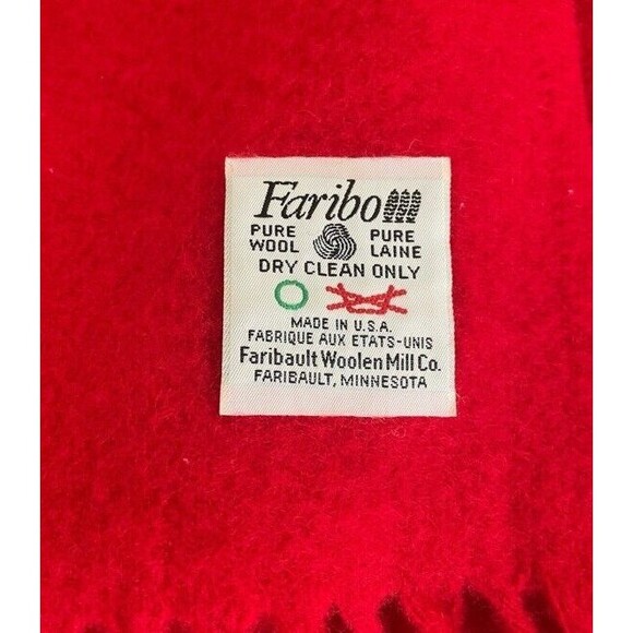 FARIBO Wool Large Red Fringe Picnic Blanket Throw Bass Brushed Felt Logo Vintage - Picture 8 of 8
